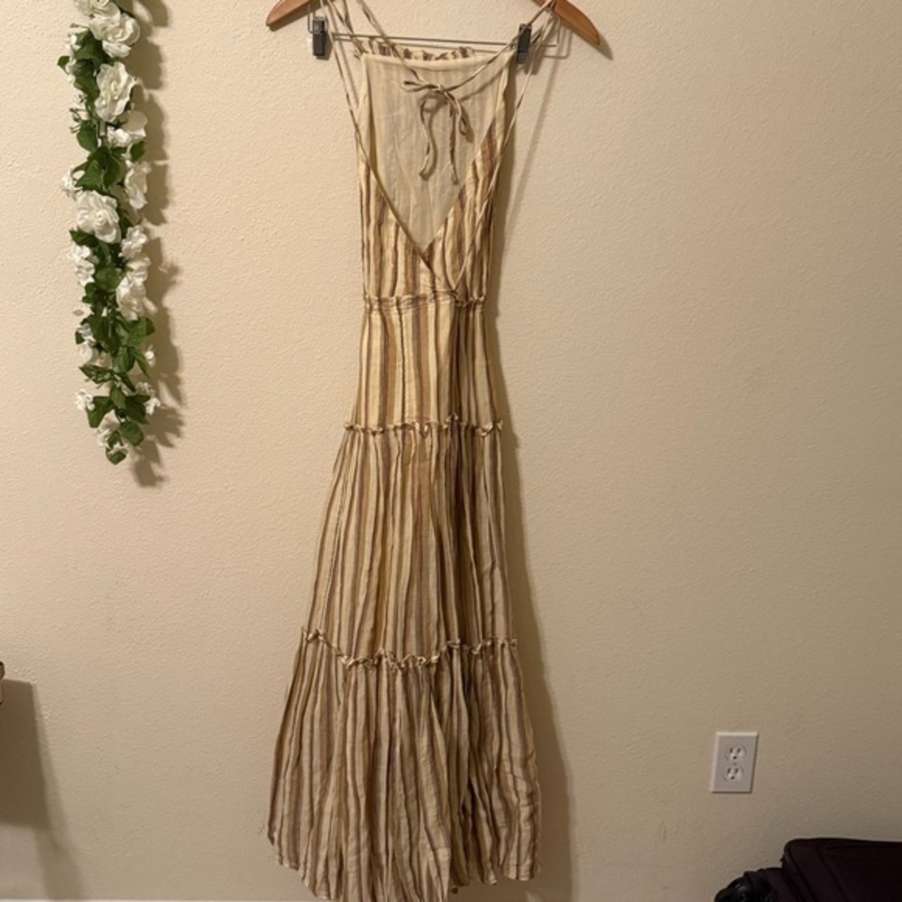 Ulla Johnson Cotton Pinstripe Beige Giulietta Halter Tiered Maxi Sun Dress - Picture 11 of 16